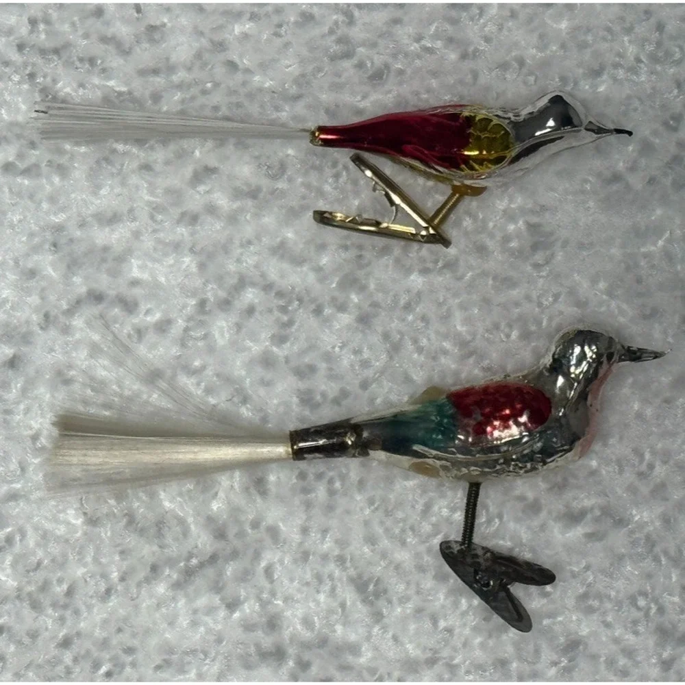 Set of 2 Vintage Mercury Glass Bird Clip Ornaments For Christmas Tree 3.5”